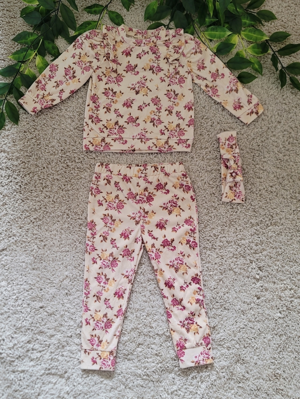 Toddler Girl Pink & Yellow Floral Outfit + Headband (2T)